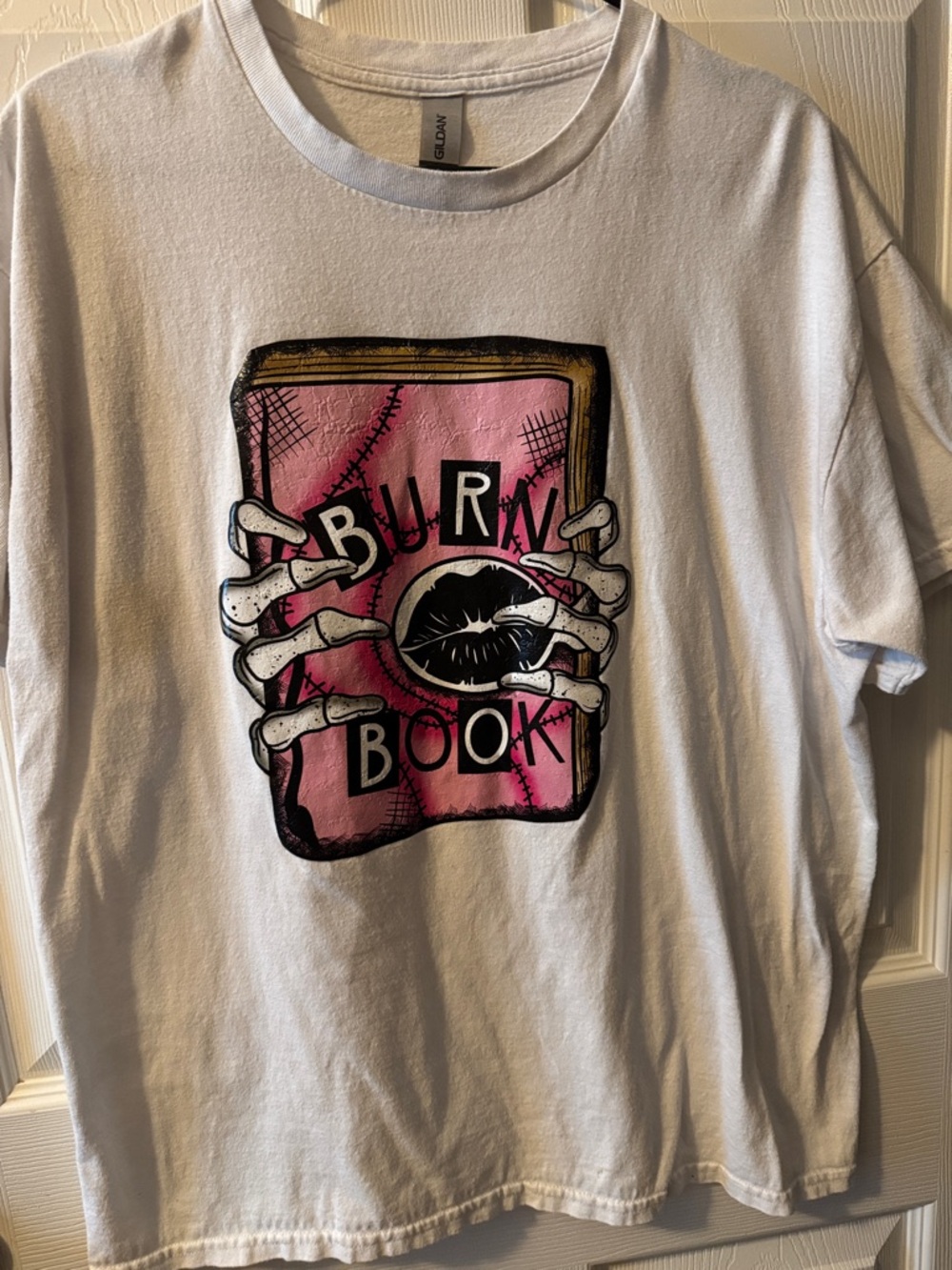 Gildan White Tee with Pink "Burn Book" Graphic